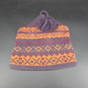 Vintage CAPELLO Men's Knit Hat Beanie Tassel Fair Isle Geometric Purple Orange
